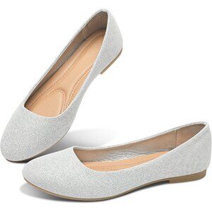 Obtaom Women Silver Textile Rounded Toe Slip on Comfortable Ballet Flats Shoes
